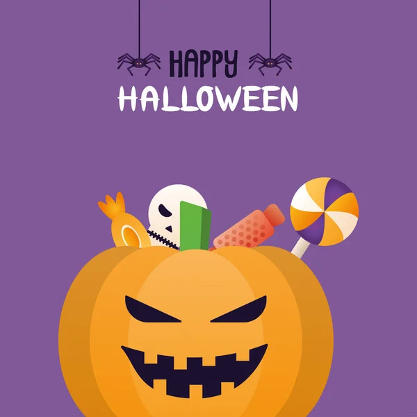 Calabaza de halloween con caramelos y letras — Vector de stock