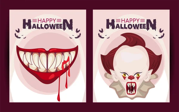 Feliz halloween horror celebração cartaz com palhaço e boca — Vetor de Stock
