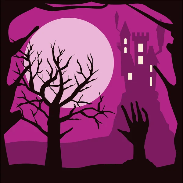 Halloween sombre château hanté avec la main de la mort — Image vectorielle