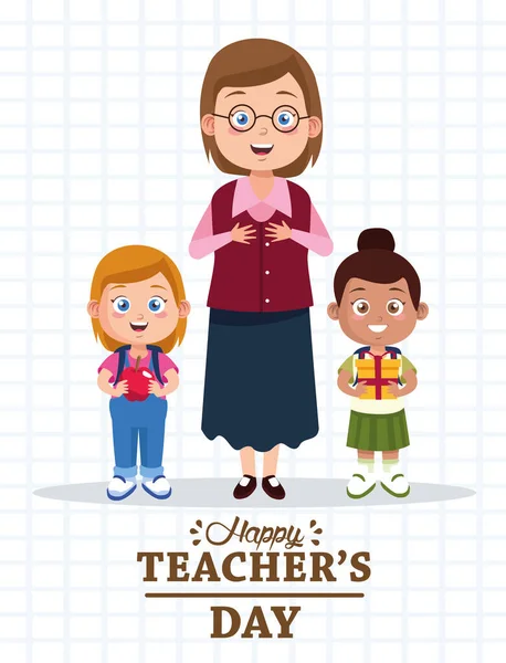 Cute young teacher woman with little students girls — Stock Vector