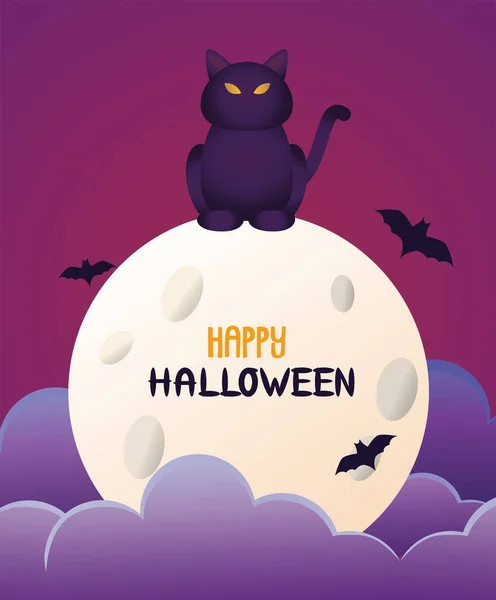 Halloween gato preto e letras na lua e morcegos — Vetor de Stock