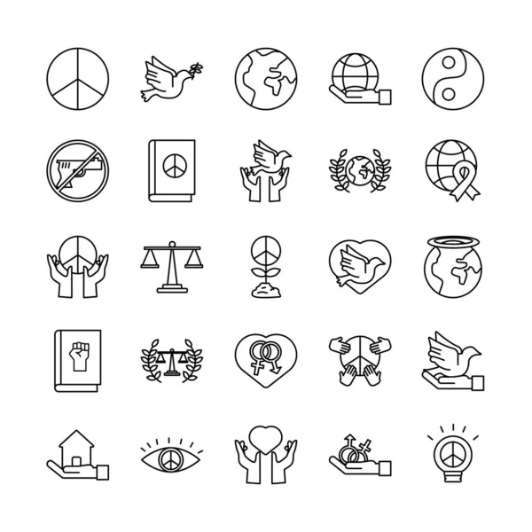 Conjunto de veinticinco iconos de estilo de línea de derechos humanos — Archivo Imágenes Vectoriales