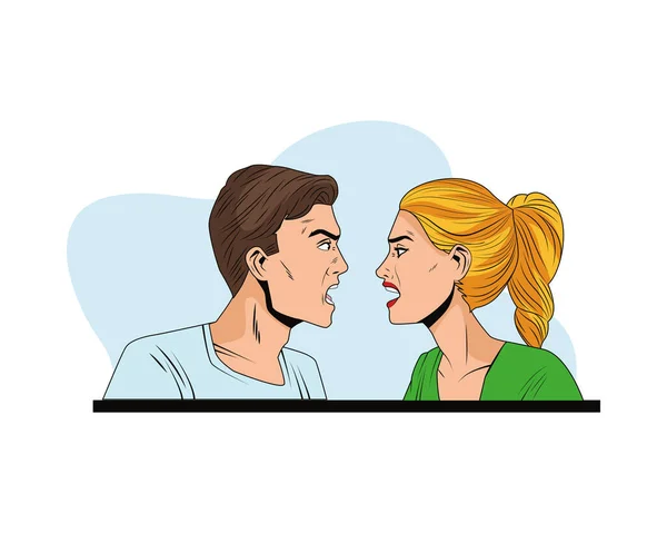 Young couple profiles angry pop art style characters — Stock Vector