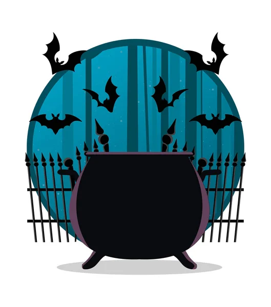 Halloween vleermuizen vliegen met ketel en hek scene — Stockvector