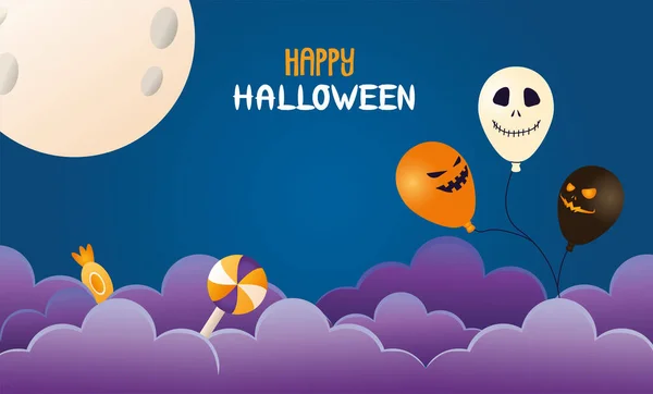 Halloween-Ballons Helium mit Bonbons und Mond-Szene — Stockvektor