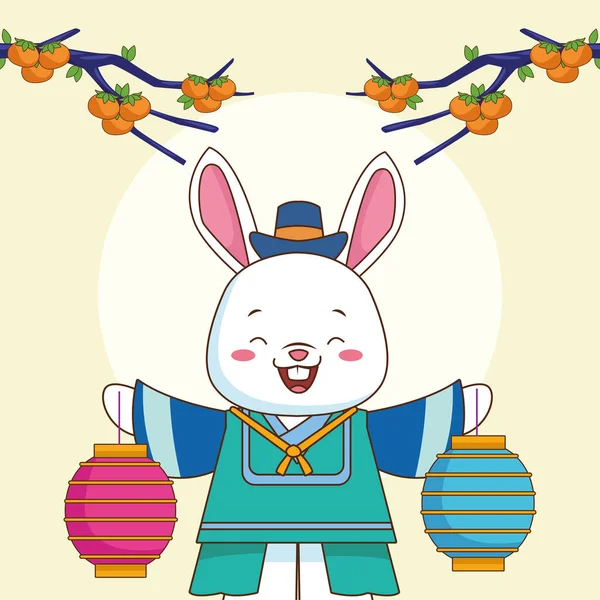 Feliz celebración chuseok con lámparas de elevación de conejo y naranjas en el árbol — Vector de stock