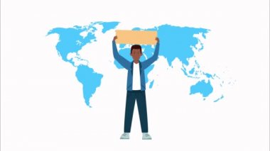 Afro adam afiş ve dünya haritası karakteriyle protesto ediyor.