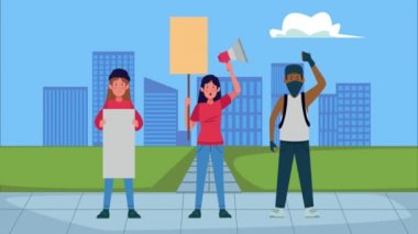 Şehirdeki karakterlere pankart ve megafonla protesto eden ırklar arası insanlar.