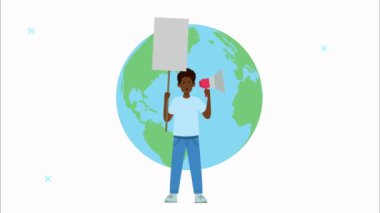 Afro adam afişi ve dünya gezegenindeki karakteri protesto ediyor.