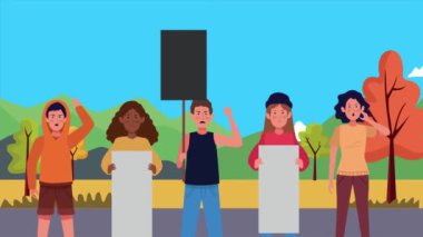 Kamp karakterlerinde pankartlarla protesto yapan ırklar arası insanlar.