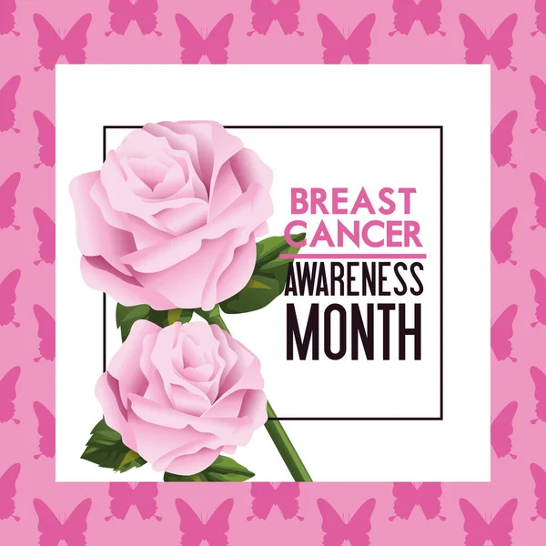 Mês de conscientização do câncer de mama cartaz campanha com borboletas e rosas flores — Vetor de Stock