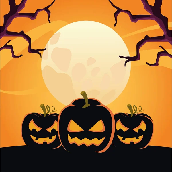 Halloween dýně s tvářemi na noční scéně — Stockový vektor