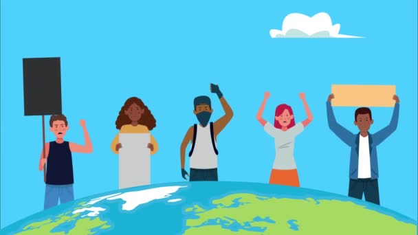 Personnes interraciales protestant avec bannière sur la planète terre — Video