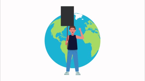 Sancak ve Dünya Gezegeni Dünya karakteriyle protesto eden adam — Stok video