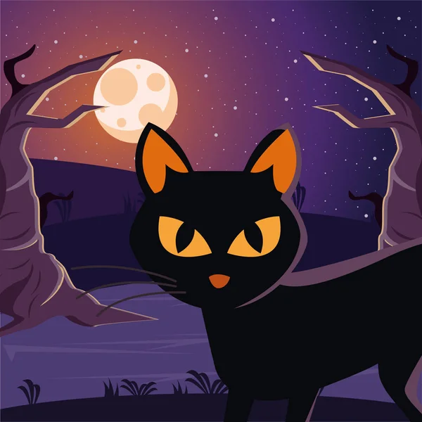 ハロウィンキャットブラック夜のシーンで満月と — ストックベクタ