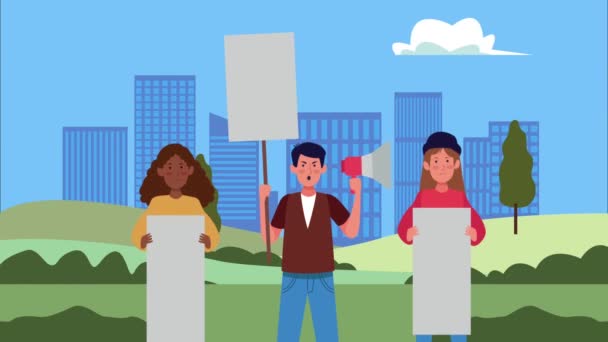 Міжрасові люди протестують з банером і мегафонними персонажами — стокове відео
