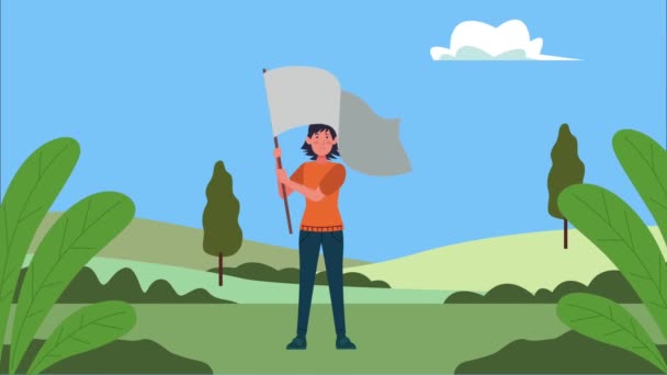 Woman protesting with flag in landscape character — Stock Video