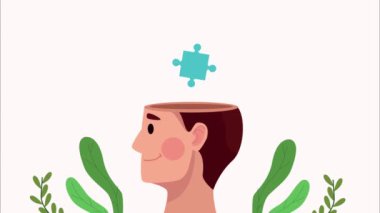 Profil insan ve yapboz parçasıyla zihinsel sağlık animasyonu