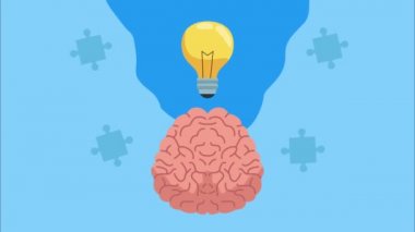 Yapboz parçalarında beyin ve ampulle zihinsel sağlık animasyonu yağmurlu