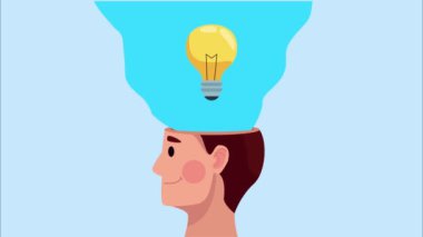 Profili insan, ampul ve kalplerle zihinsel sağlık animasyonu