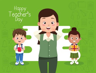 Çocuklu bayan öğretmen hediye ve elma kaldırıyor.