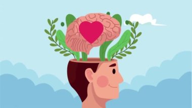 İnsan profili ve beyinde kalp olan ruh sağlığı animasyonu