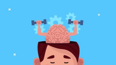 Genç adam ve beyin kaldıran halterlerle zihinsel sağlık animasyonu