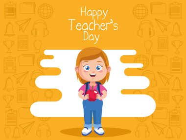 Elmalı ve mutlu teknisyenler günü harfleriyle küçük tatlı bir kız öğrenci.