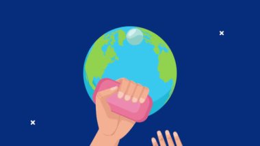 Küresel el yıkama sabun ve gezegenle yıkanan ellerle kutlama animasyonu