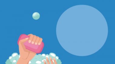 Küresel el yıkama sabun ve köpükle yıkanan ellerle kutlama animasyonu