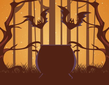 Cadılar Bayramı yarasaları orman sahnesinde kazanla uçuyor.