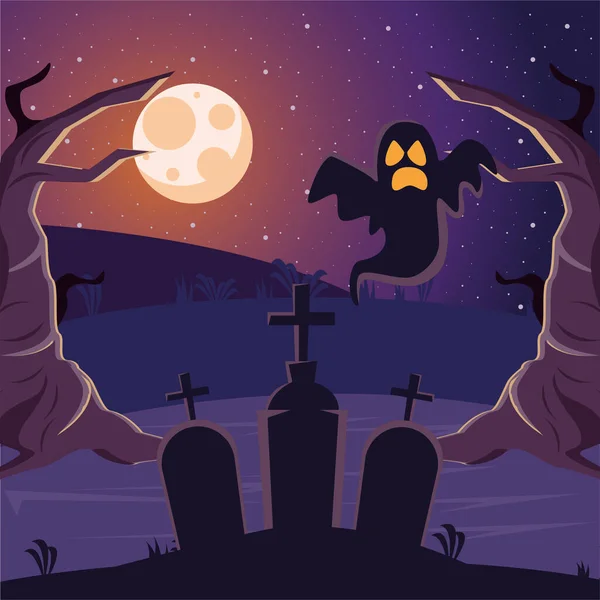 Cementerio de tumbas de Halloween con fantasma — Vector de stock