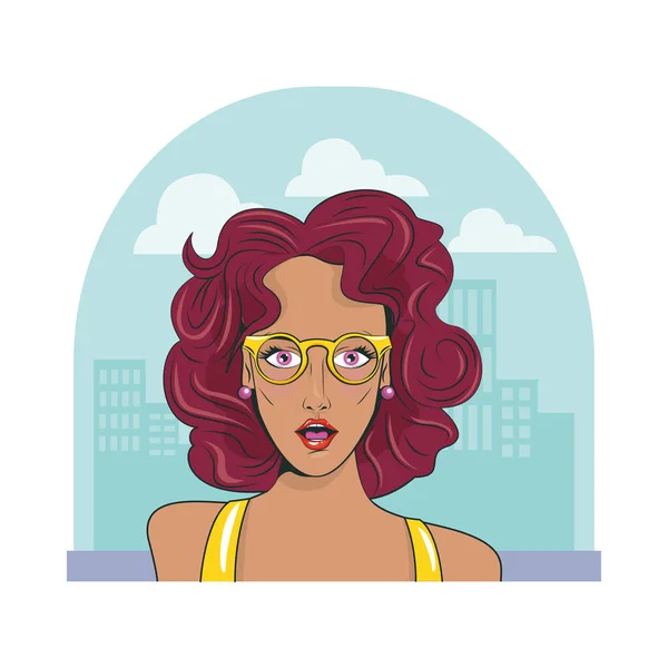 Beautiful woman red hair and glasses pop art style — Stock Vector