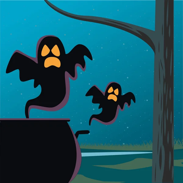 Halloween boszorkány üstökös pot szellemek jelenet — Stock Vector