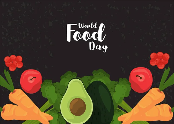 Cartel del día mundial de la comida con verduras en fondo negro — Vector de stock