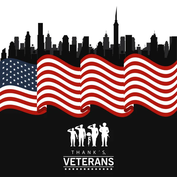 Glada veteraner dag bokstäver i affisch med soldater silhuetter i usa flagga — Stock vektor