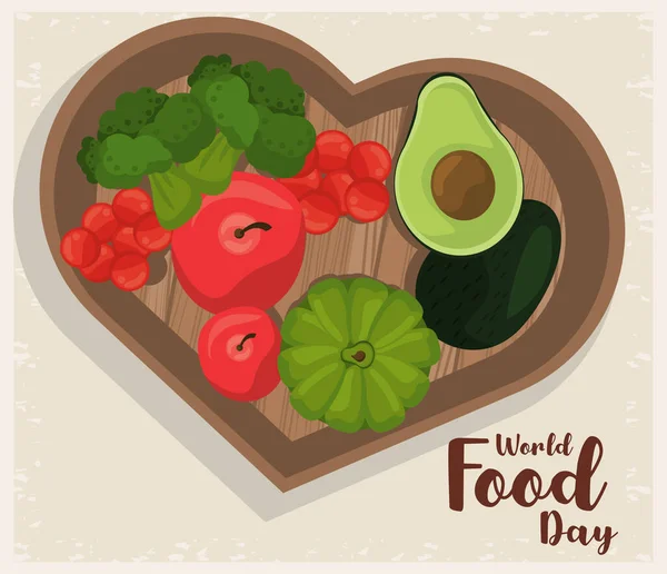 Cartel del día mundial de la comida con verduras en tabla de madera corazón — Vector de stock