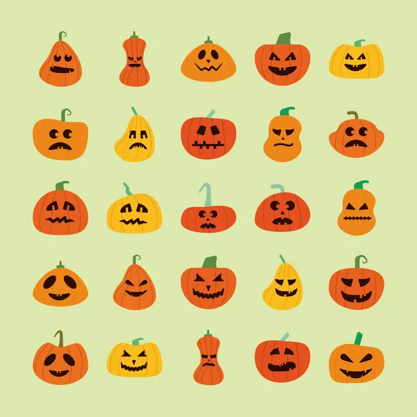 Paquete de calabazas de halloween en el fondo verde iconos de estilo plano — Archivo Imágenes Vectoriales