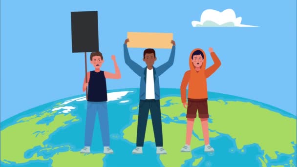 Homens inter-raciais protestando com bandeira no planeta Terra — Vídeo de Stock