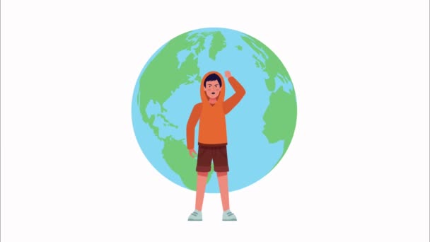 Muž protestuje se světovou planetou Země charakter — Stock video