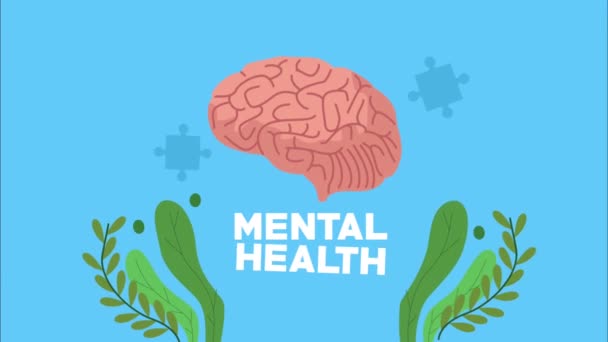 Animación de salud mental con cerebro y hojas — Vídeos de Stock