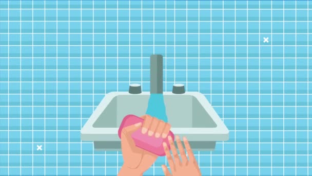 Küresel el yıkama, banyo sahnesinde sabunla yıkanan eller ile kutlama animasyonu — Stok video