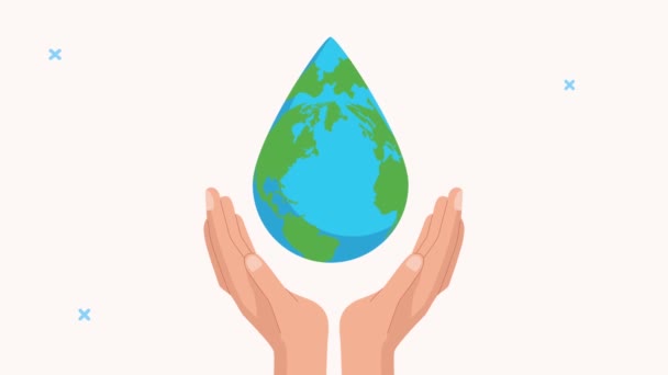 Hands protecting water drop with earth planet animation — Stock Video