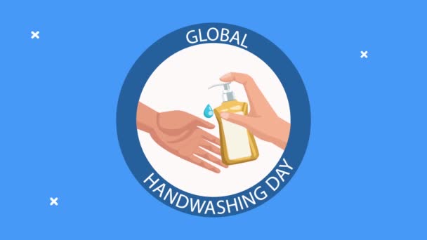 Animação global de lavagem das mãos com as mãos usando sabão antibacteriano selo — Vídeo de Stock