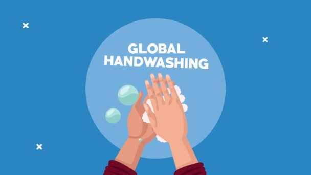 Animação de lettering global handwashing com mãos e espuma — Vídeo de Stock