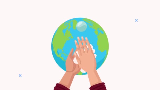 Animación global de lavado de manos con manos y espuma en el planeta tierra — Vídeos de Stock