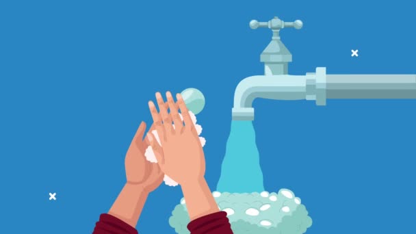Animación global de lavado de manos con manos y espuma en el grifo — Vídeos de Stock