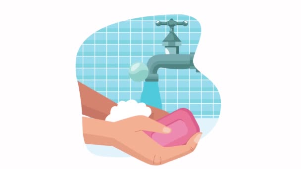 Animation mondiale de célébration du lavage des mains avec lavage des mains avec du savon et de l'eau de robinet — Video