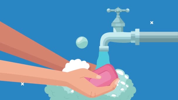 Globális kézmosás animáció kézmosással szappannal és csapvízzel — Stock videók