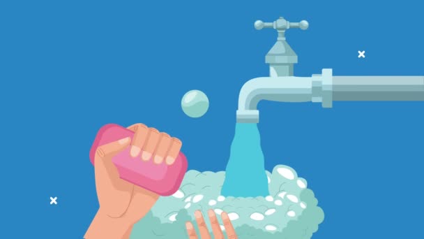 Animation zum globalen Händewaschen mit Händewaschen mit Seife und Leitungswasser — Stockvideo